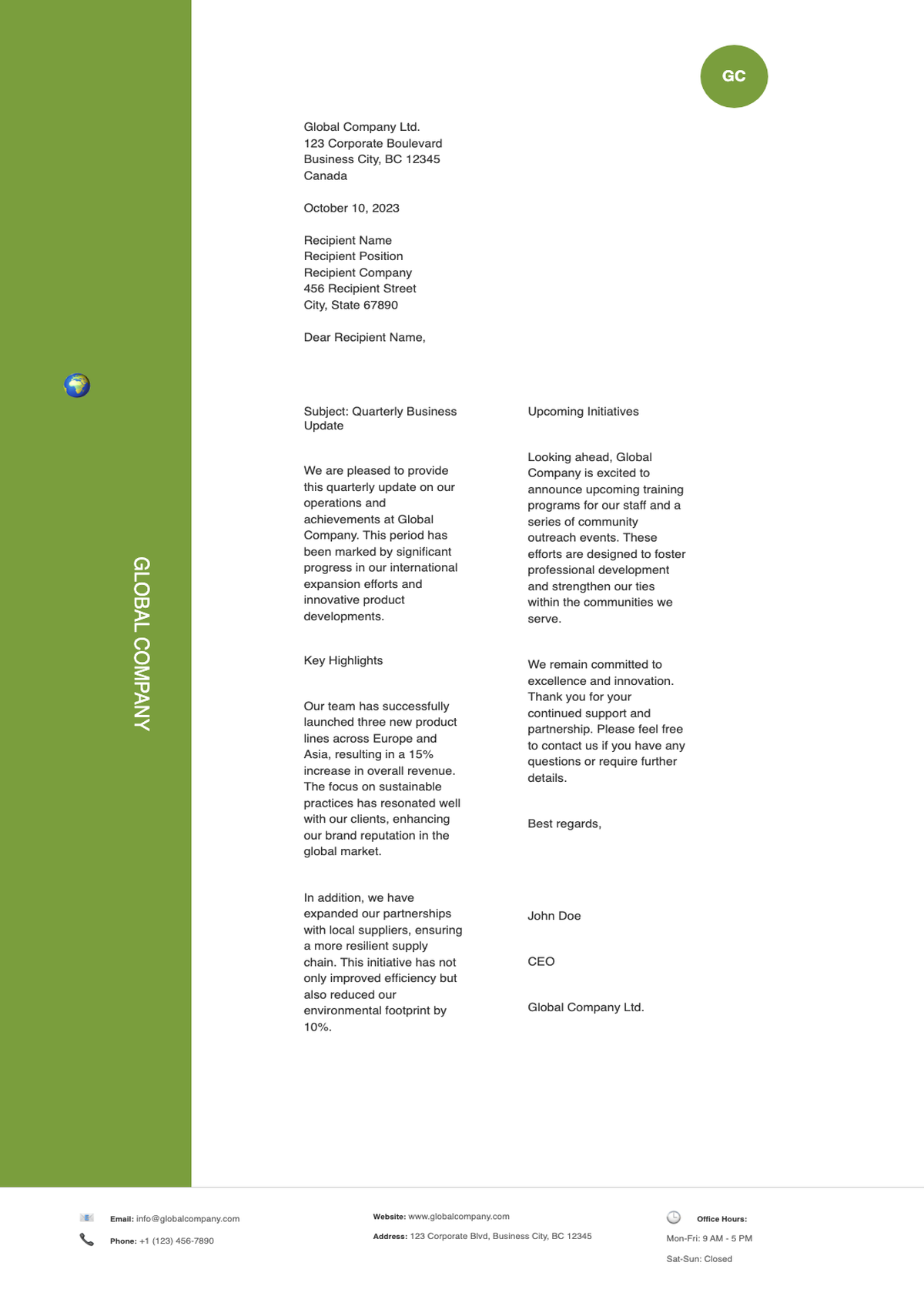 Corporate letterhead with green sidebar and global company branding_variant_1